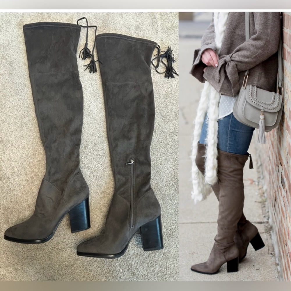 Marc Fisher gray faux suede knee-high over the knee tassel boots chunky heel 9
